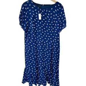 Talbots Georgette Floral Midi Shift Dress 18 Blue‎ Short Sleeve Leaf Office NEW
